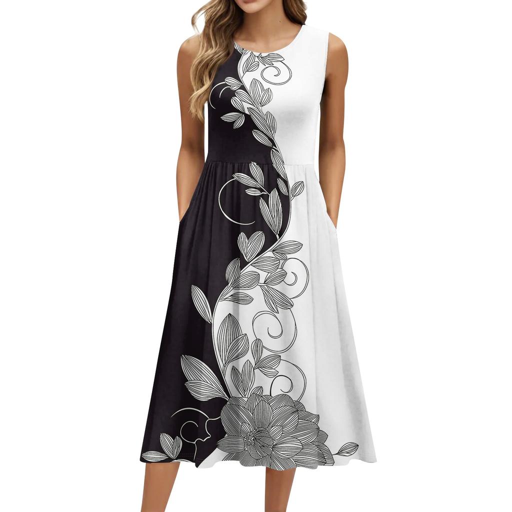 Женское модное платье средней длины с круглым вырезом и принтом без рукавов
