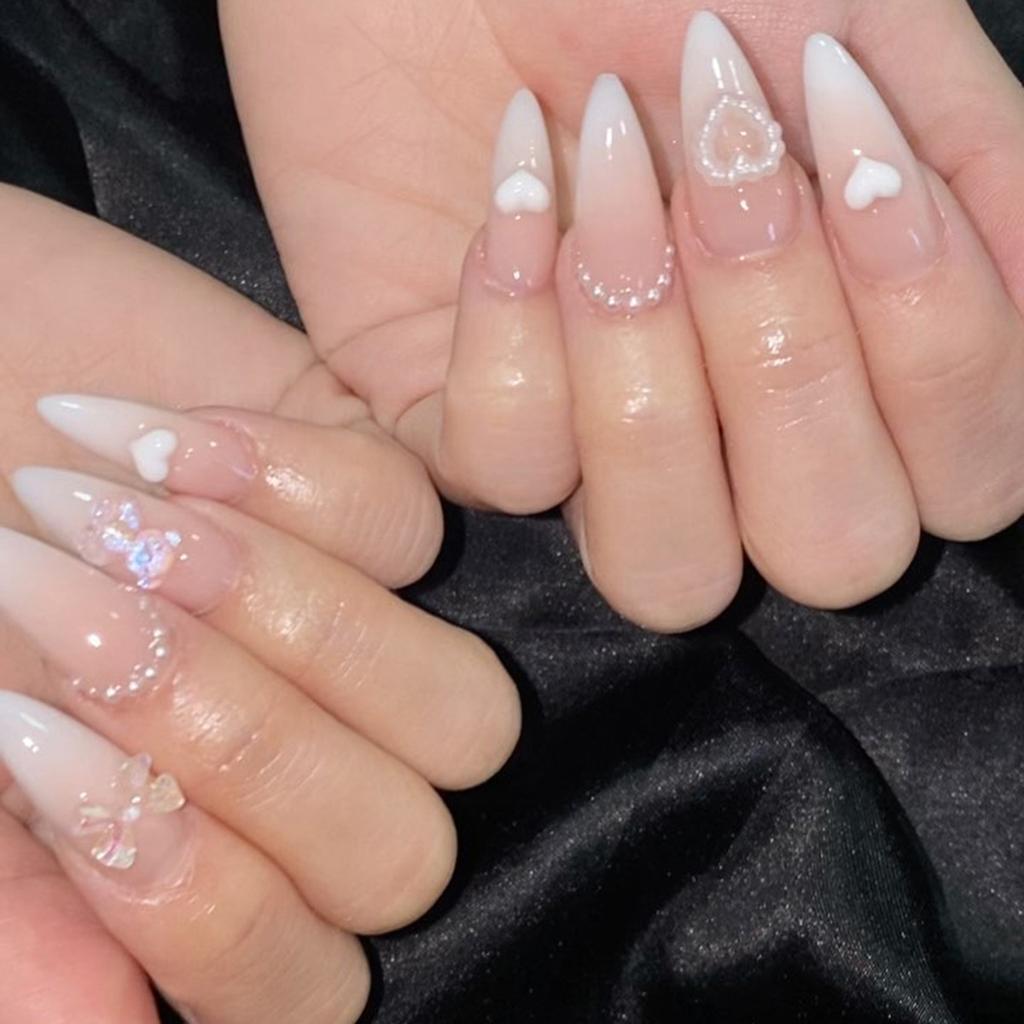 24Pcs Almond Press On Nails Ocean Blue French Tip With Flower Pearl Glitter Simple Wearable False Nail Art Manicure Set