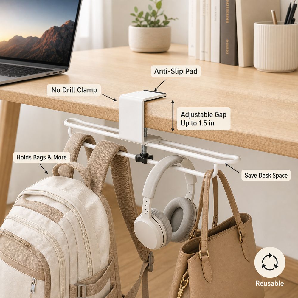 Clamp On Desk Side Hook Adjustable Table Backpack Holder New Desk Mounted Hook Home Office