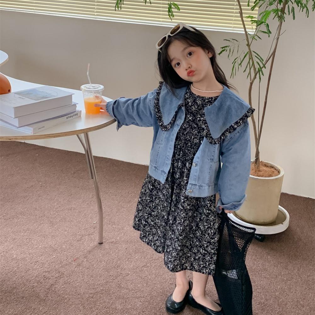 Детские комплекты одежды для девочек, осенняя детская одежда, милая джинсовая куртка с лацканами, платье с цветочным принтом, одежда из 2 предметов для маленьких девочек