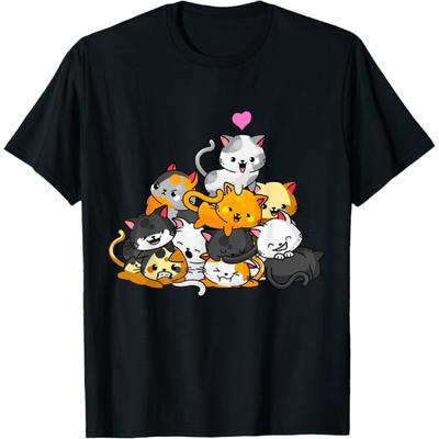 Кошка Милый Котенок Куча Кошек Аниме Каваи Неко Подарок Женская Футболка для Девочек(1)