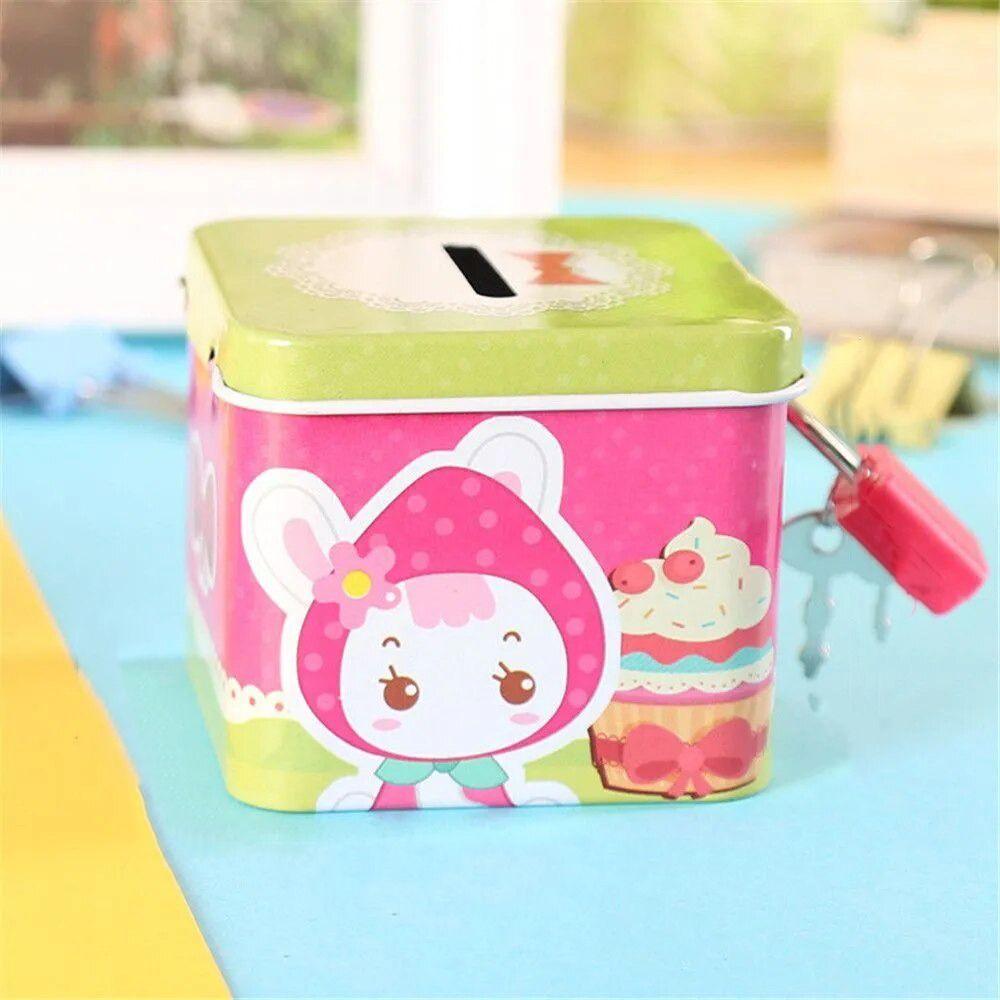 С замком Квадратная банка для мелочи Милая металлическая шкатулка для украшений Креативная мультяшная копилка Домашний декор