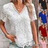 Ayollar uchun nafis top yozgi retro to'rli patchwork qisqa yengli futbolka bir rangli V-kesimli keng pulover top ayollar modasi ko'cha uslubi