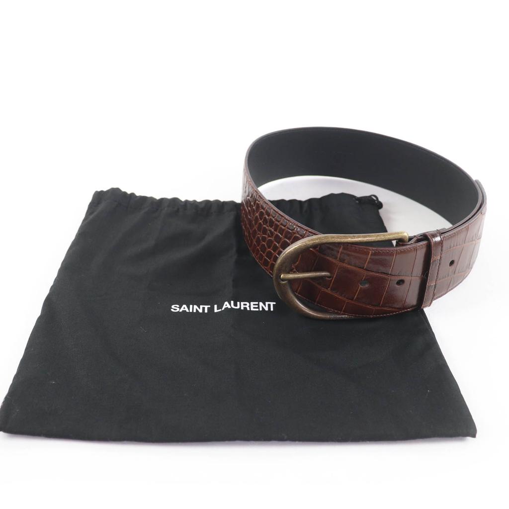 Превосходный ремень SAINT LAURENT из кожи с тиснением под крокодила с логотипом Коричневый 65 GRZ619783 Б/у