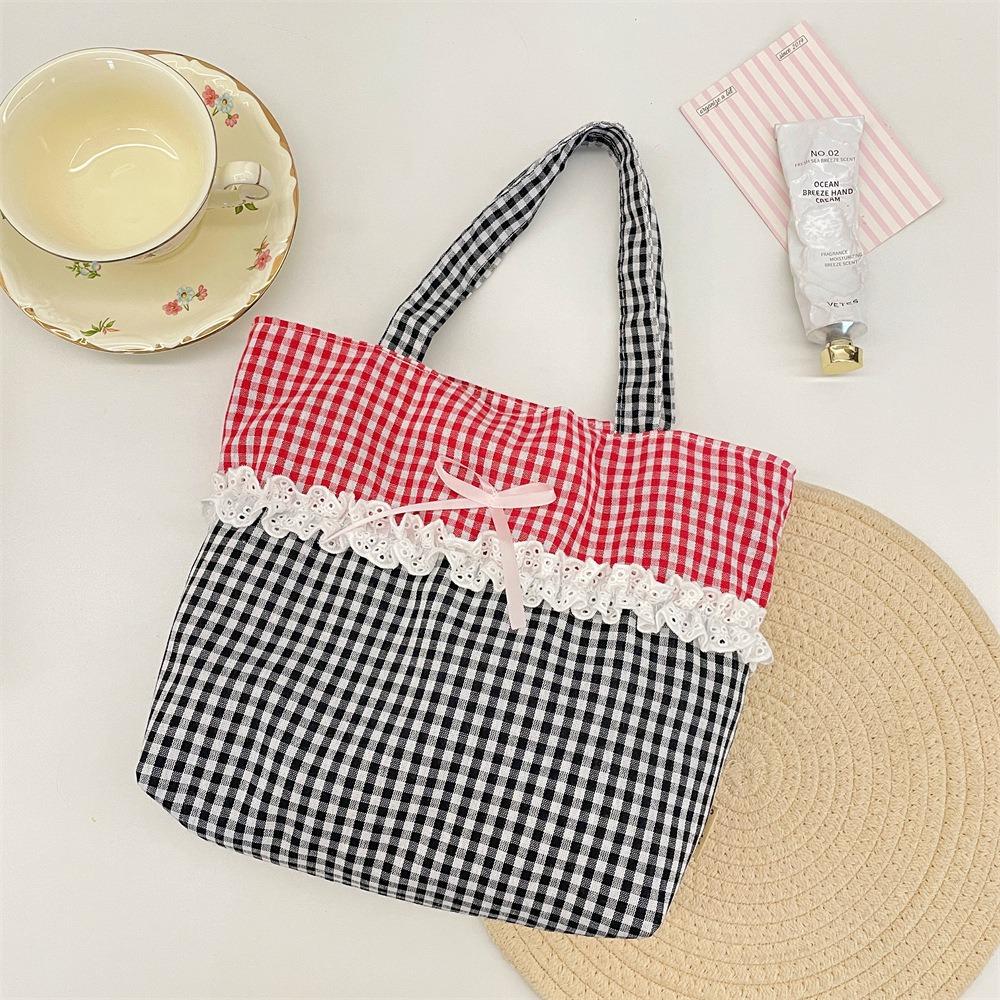 New Canvas Material Splice Lace Handbag Large Capacity Lightweight Tote Bag Splice Lace Design Canvas Lunch Bag Commute