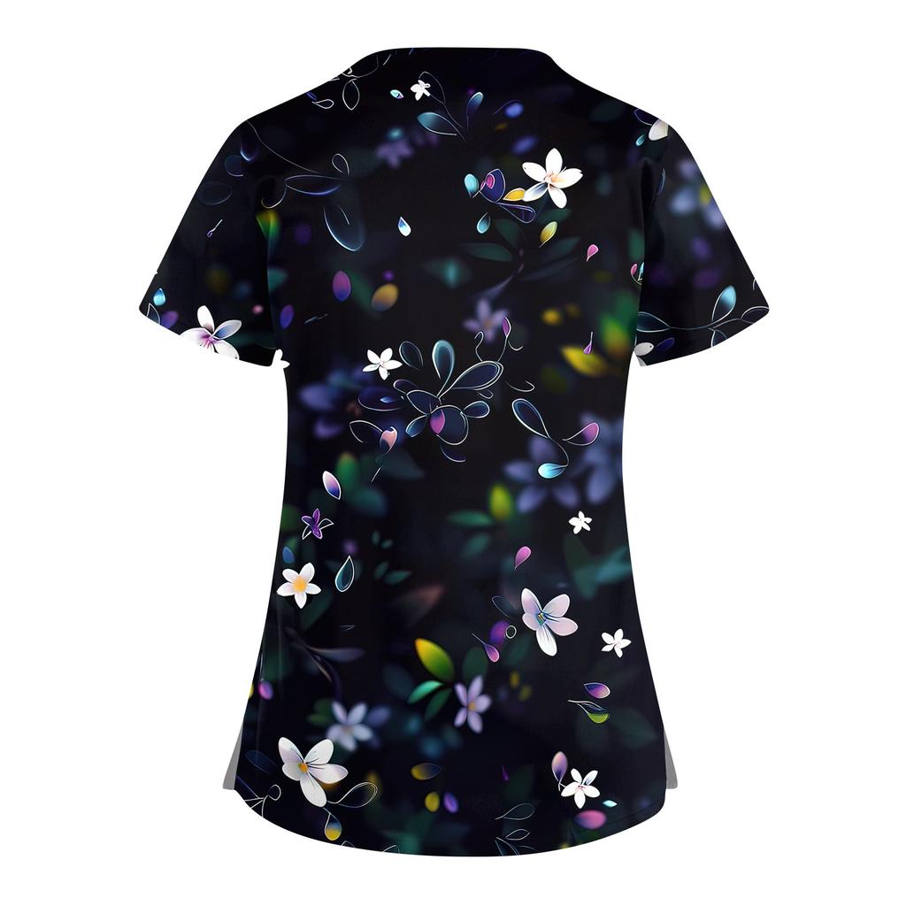 Women's Short Sleeve Stagger V Neck Print Pocket Dry-nurse Top