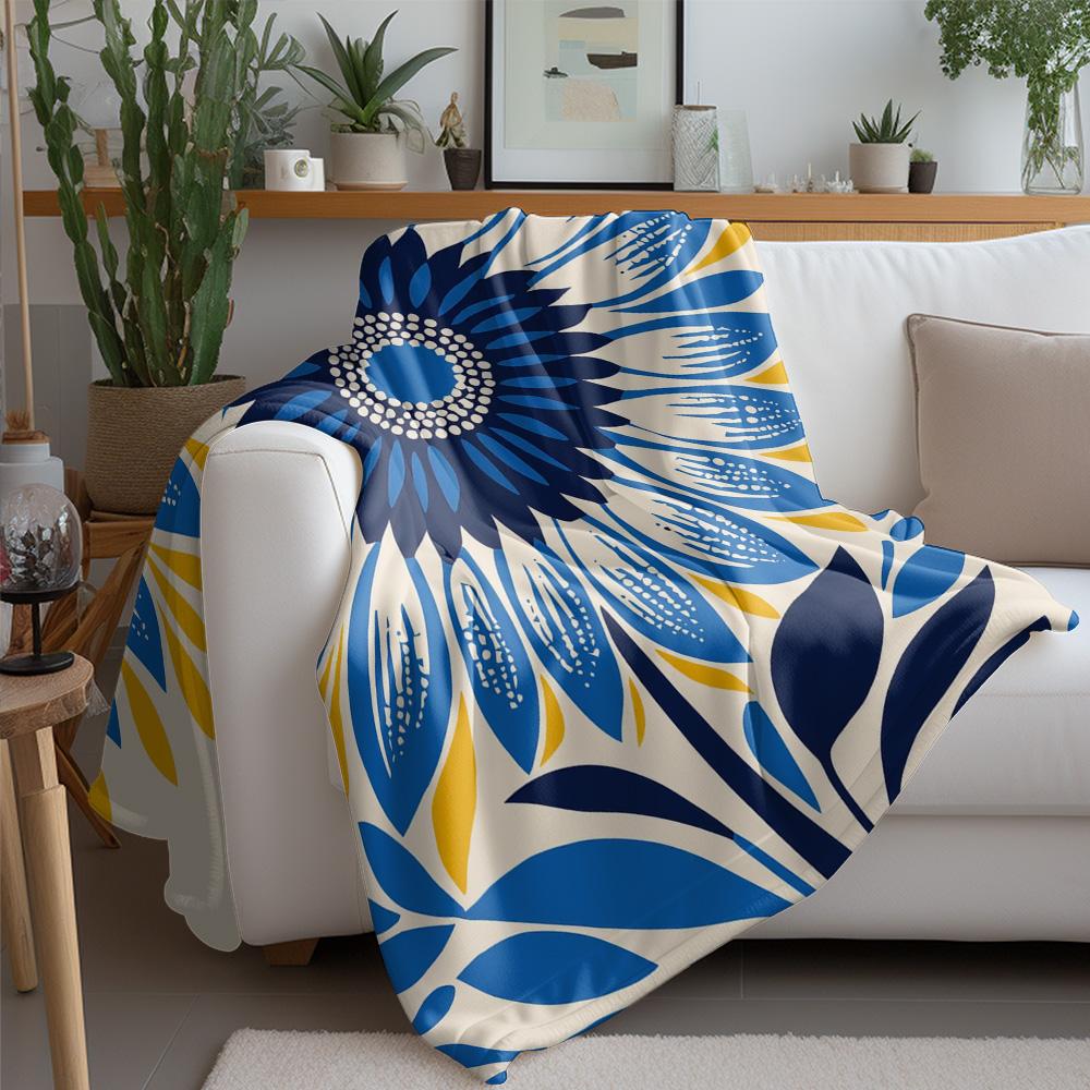 Blue geometric floral pattern Flannel printed blanket suitable for all seasons suitable for living room office sofa and travel