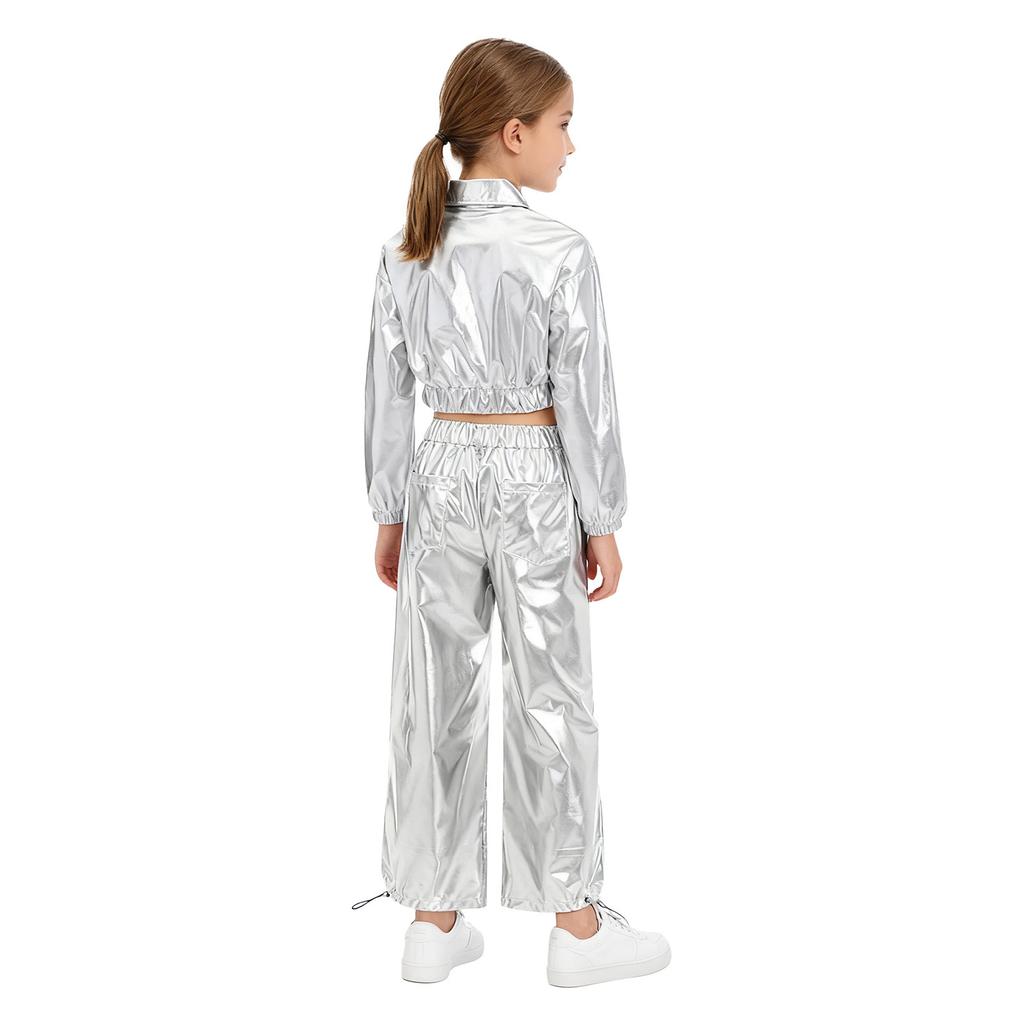 Unisex Kids Shiny Metallic Jacket Drawstring Cargo Pants Hip Hop Jazz Dance Costume Set