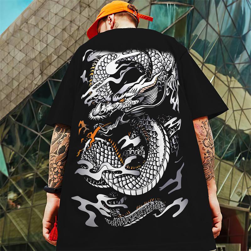 Retro T-Shirts For Men 3d Japanese Dragon Print Male Clothing Summer Casual Short Sleeved Oversized T-Shirt Street Harajuku Tees