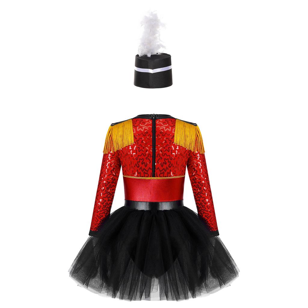 Kids Honour Guard Outfit Tutu Leotard Dress with Feather Hat Back Zipper for Cosplay