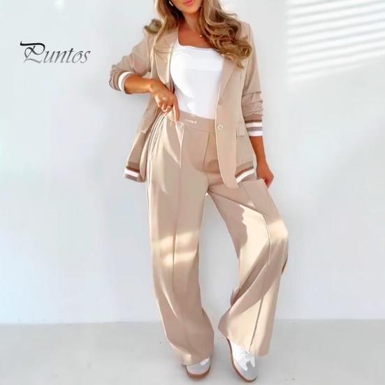 Женский костюм из 2 предметов: пальто, брюки, отложной воротник, длинные рукава, эластичный подол, куртка, широкие брюки с высокой талией, офисный наряд для поездок на работу