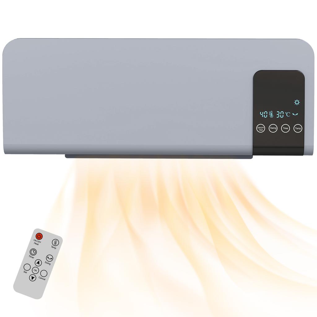 Electric Heater, Wall Mounted, Oscillating Function, 2 Modes, Timer, LED Display, Grey