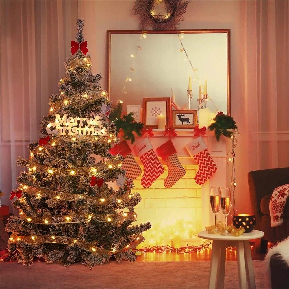 LED Ribbon Fairy Lights Christmas Tree Ornaments Lamp String Lights Lace Bow For Navidad Home New Year Christmas Decoration