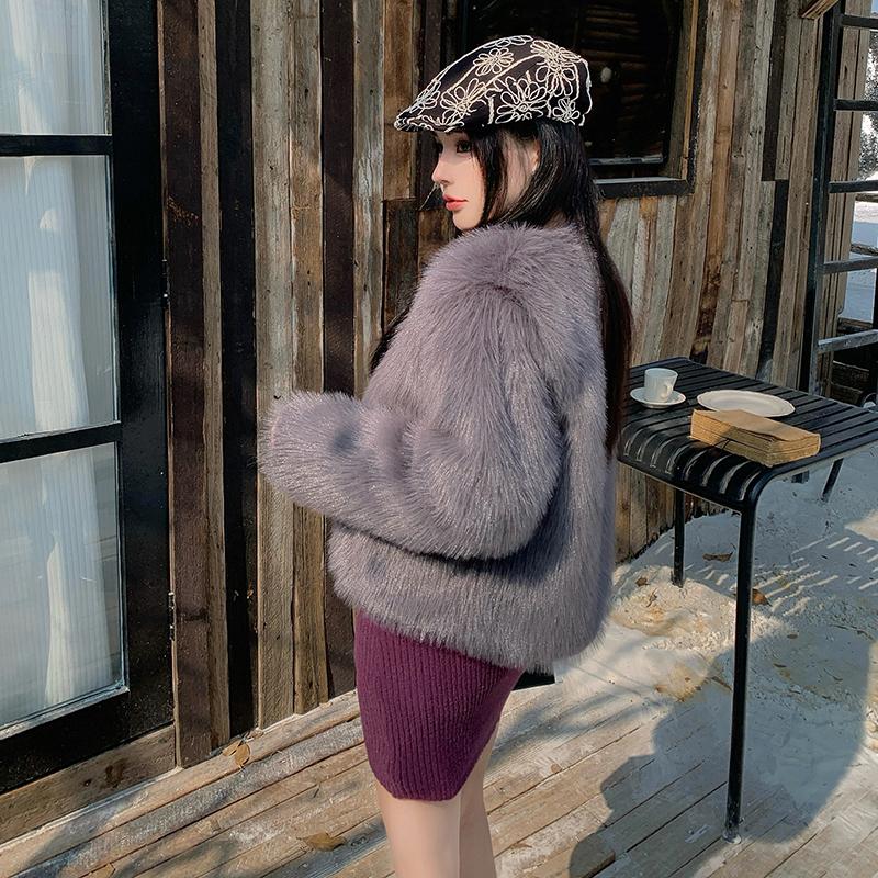 Осенне-зимние теплые пальто из лисьего меха с длинным рукавом, женские винтажные элегантные свободные куртки с круглым вырезом, женские однотонные повседневные женские куртки верхней одежды 25519