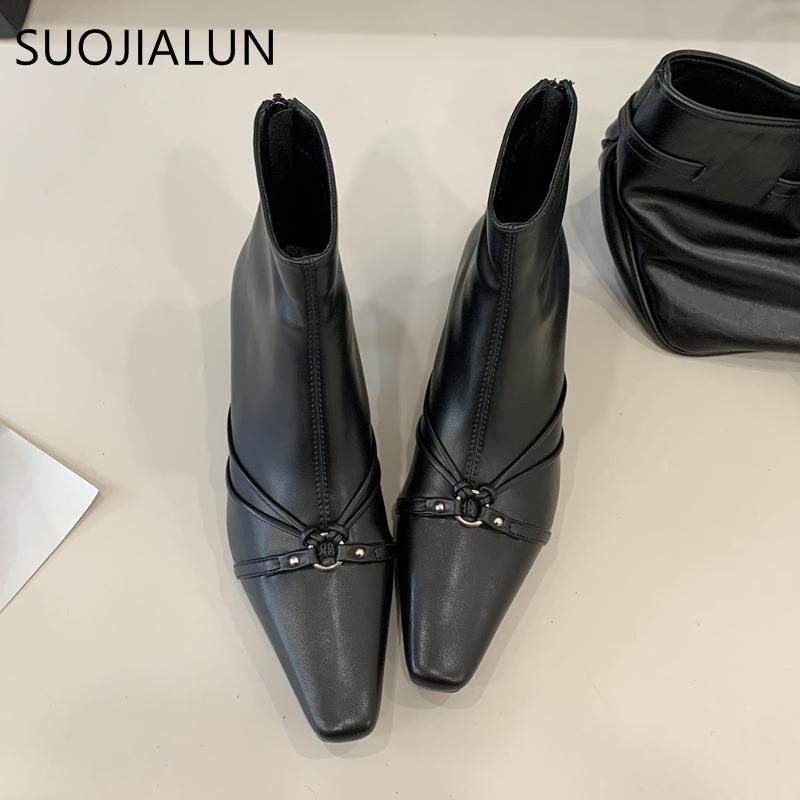 Fashion SUOJIALUN 2025 Winter New Brand Women Ankle Boots Fashion Buckle Round Toe Ladies Elegant Short Boots Thin Low Heel Dress Pumps