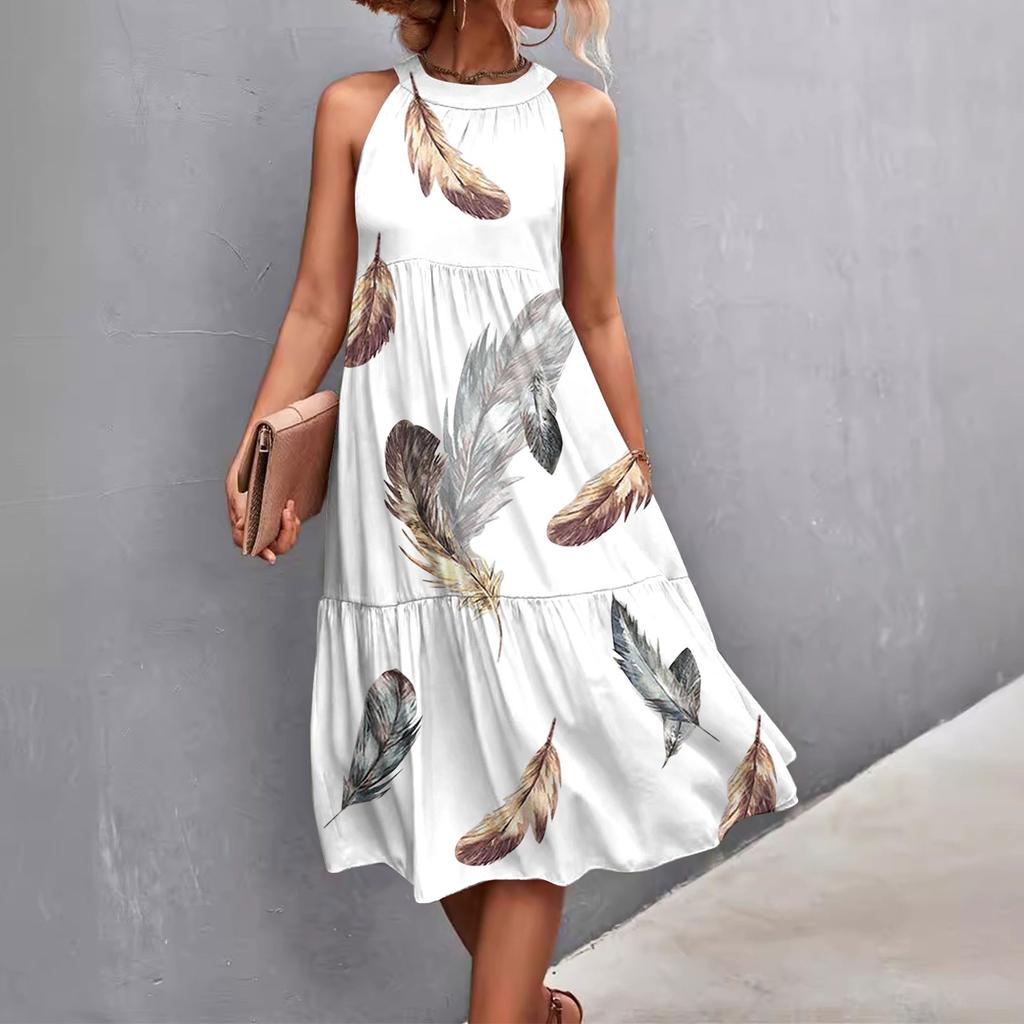 Women's Summer Sleeveless Solid Color Printed Loose Splicing Casual Hanging Neck Beach Dresses
