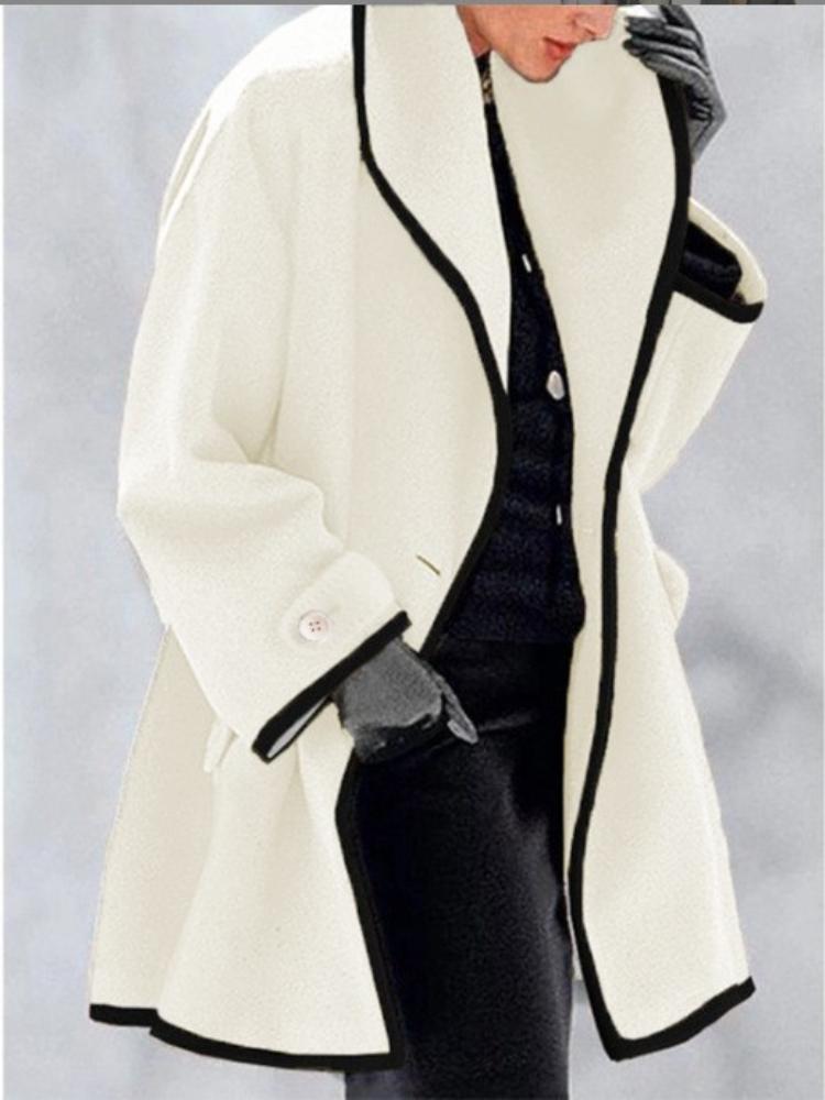 Women's Long Coat with Black Trim, Button Front Closure, Multiple Colors (Blue, White, Red, Beige, Purple, Gray, Black)