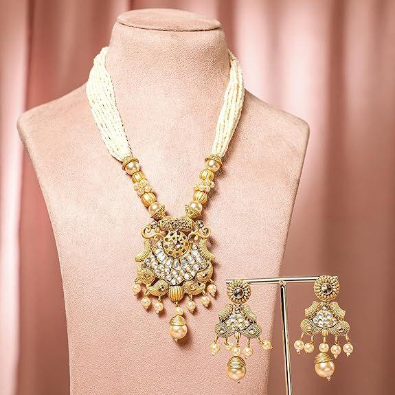 Gold-Plated Handcrafted Artificial Traditional Jewelry Set-Ruby/Kundan Stones & Pearl Beaded Multistrand with Matching Earrings For Women and Girls