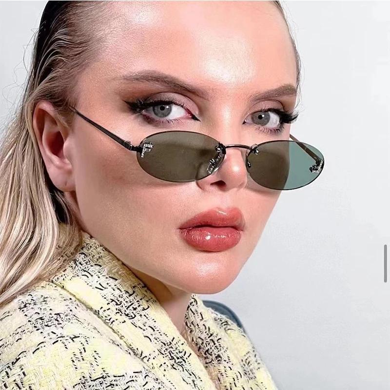 Модные овальные солнцезащитные очки Cat Eye для женщин, безободковые, для вождения, для улицы, для шопинга, защита от ультрафиолета UV400, винтажный дизайн с буквами