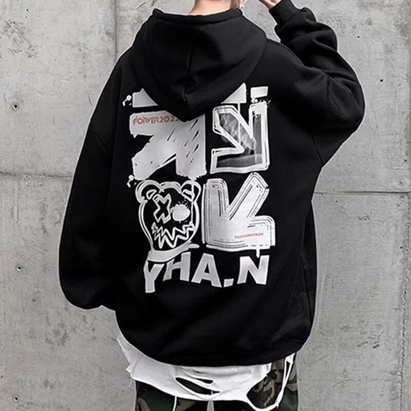Мужская свободная толстовка с капюшоном в гонконгском стиле 2024 года - Модный принт с буквами, универсальная куртка на весну/осень