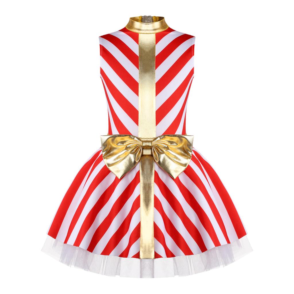 Детский рождественский костюм Санта-Клауса для девочек, платье-пачка без рукавов в полоску с принтом, платье-пачка, танцевальная одежда
