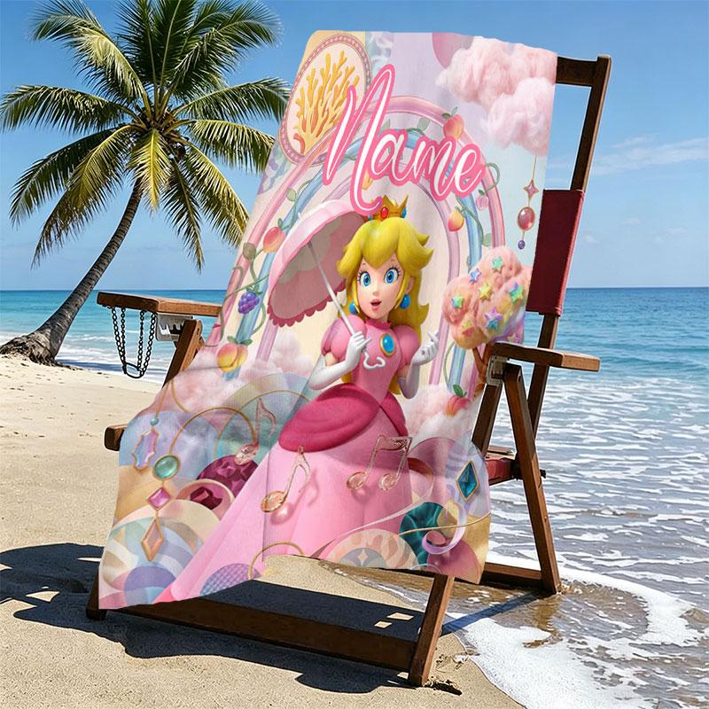 Custom Name Personalized Princess Peach Toadstool Print Beach Towel, for Trip Camping Beach Party Home Decor, Birthday Gift for Family & Friends
