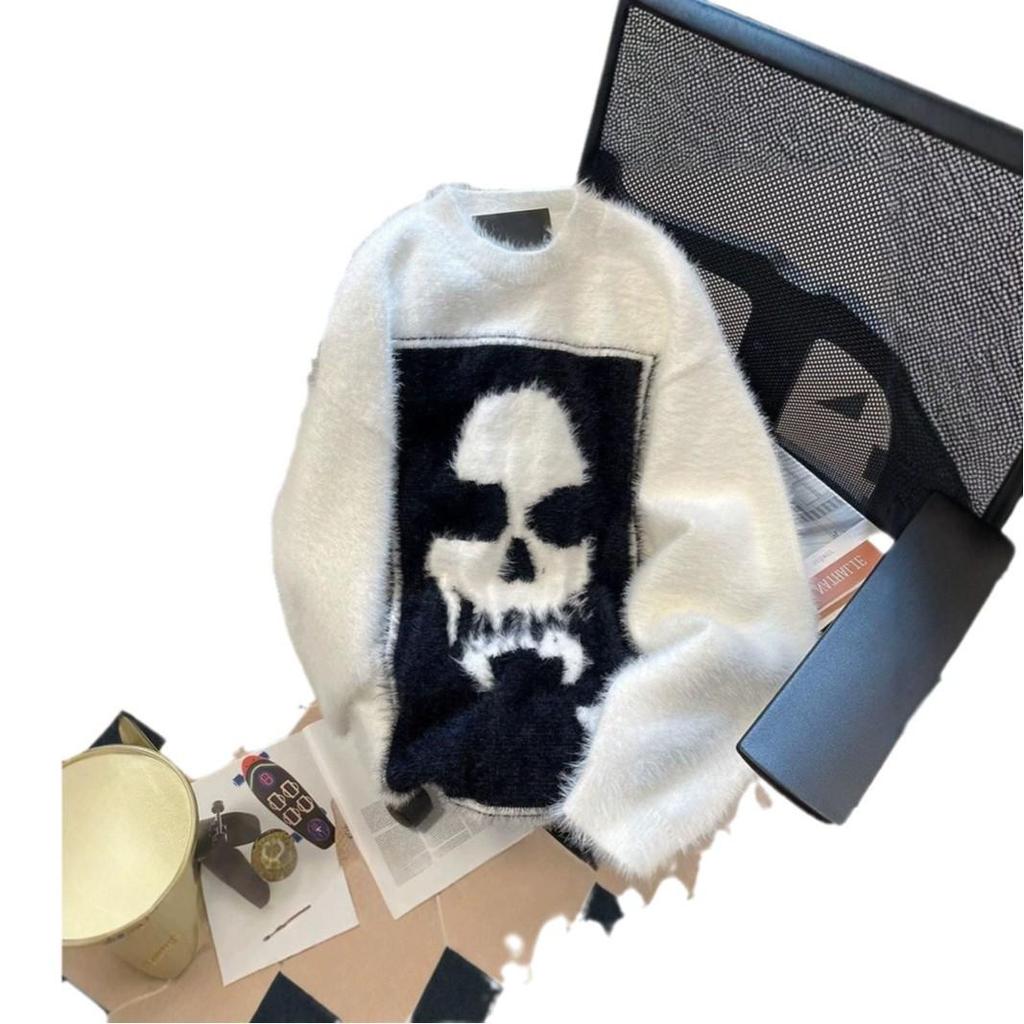 Зимний ретро панк свитер для пары с черепом