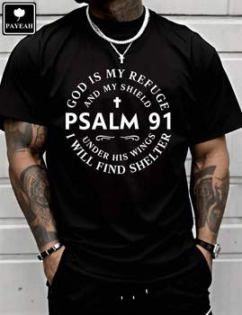 Men's Psalm 91 Scripture Cross Print Black T-Shirt – Crew Neck Casual Tee, Medium Stretch Knit, Regular Fit (Boys & Men)