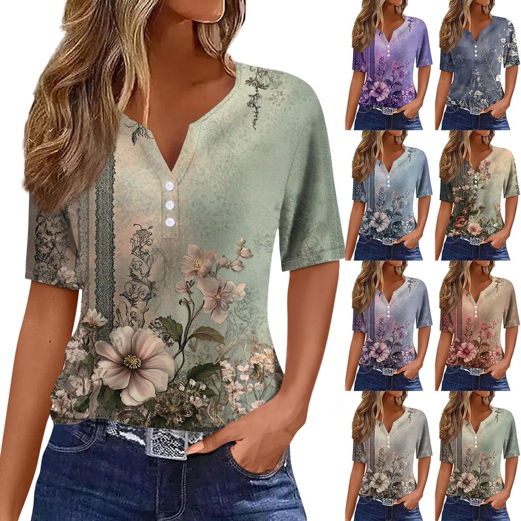 Women's T Shirt Tee Print Button Short Sleeve Daily Weekend Fashion Basic V- Neck Regular Top