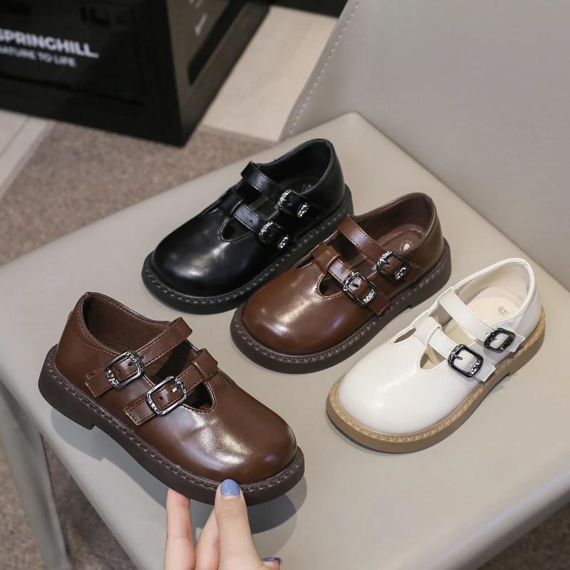 Кожаные туфли для девочек в британском стиле на весну и осень 2024 г. Новая детская повседневная обувь на липучках Универсальная детская школьная обувь