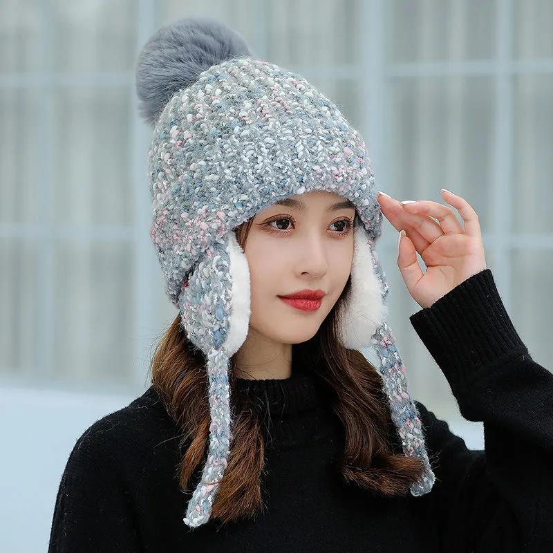 Шерстяная шапка женская зимняя, теплая и для отдыха, плюс бархатные толстые наушники. Милая и универсальная морозостойкая вязаная шапка для езды на велосипеде Lei Feng.