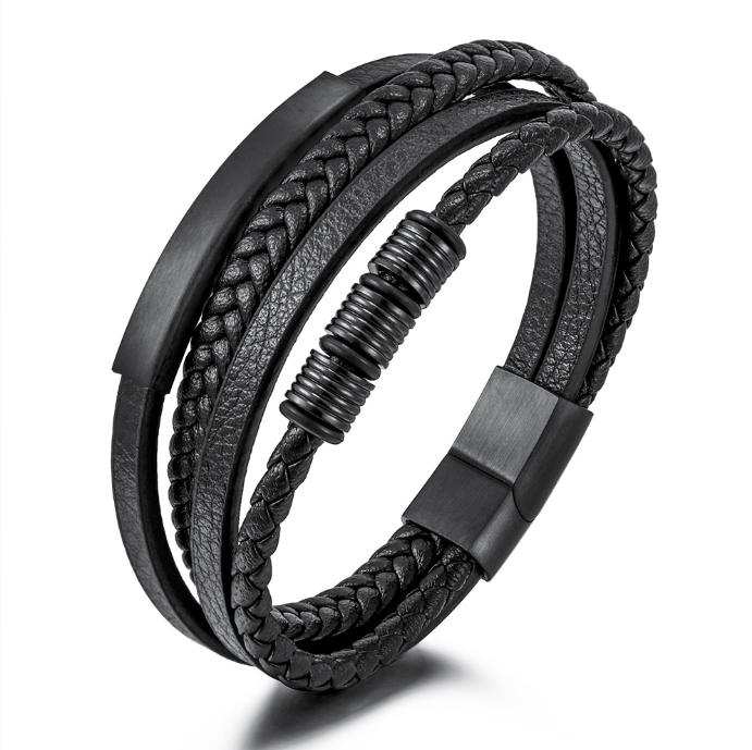 Black leather bracelet with steel accents 19cm