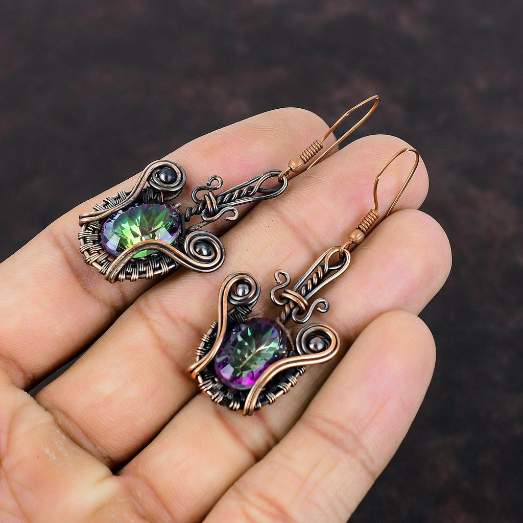 Серьги с граненым радужным мистическим топазом, серьги с драгоценными камнями в медной обертке, серьги из медных украшений ручной работы, серьги с камнями по рождению, подарок для женщин