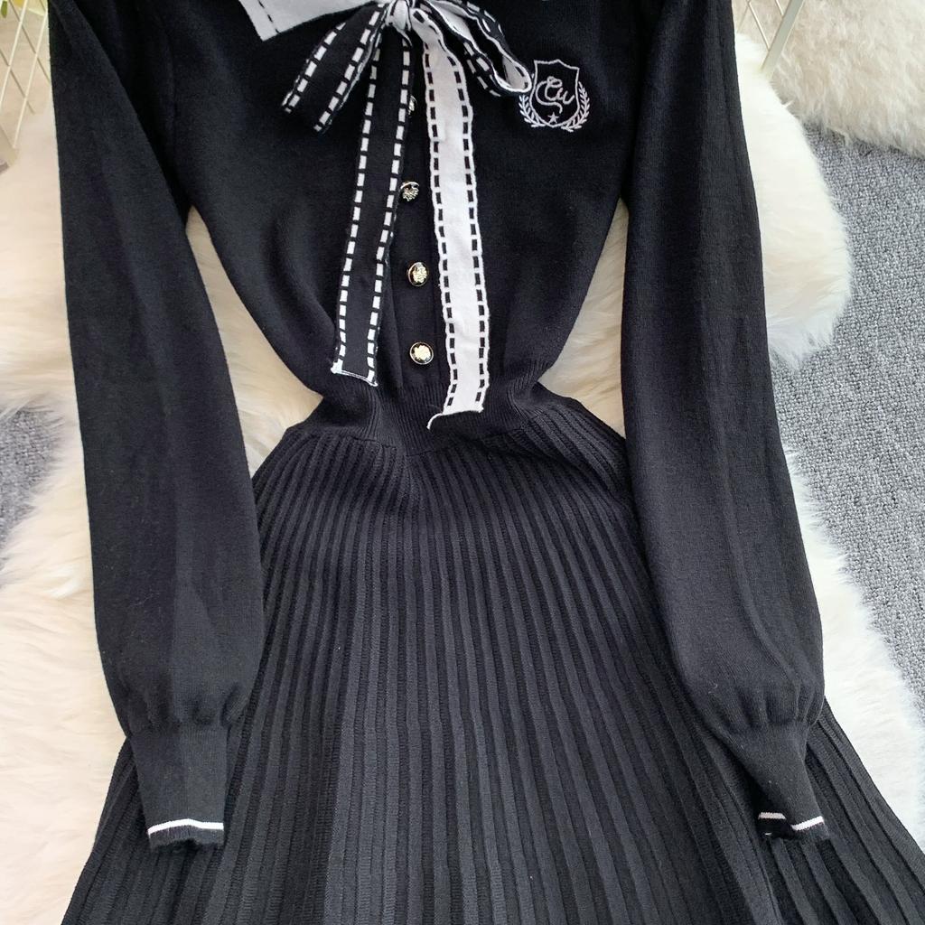 Spring Autumn Women College Stle Polo Color Full Sleeve Bowtie Knitted Sweater Mini Short Pullover Pleated Dresses