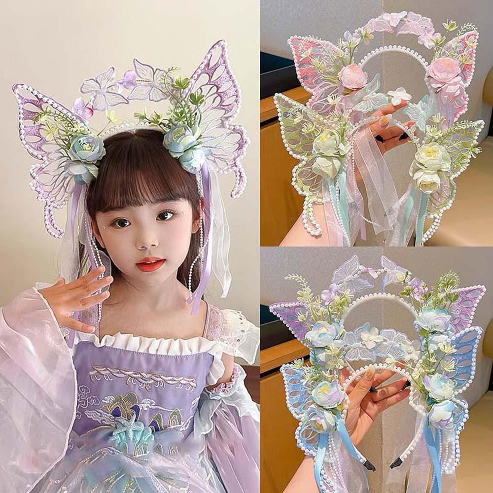 Mesh Big Butterfly Wing Hairpins Sweet Elf Ear Headband Lovely Flower Headband Kids Gift