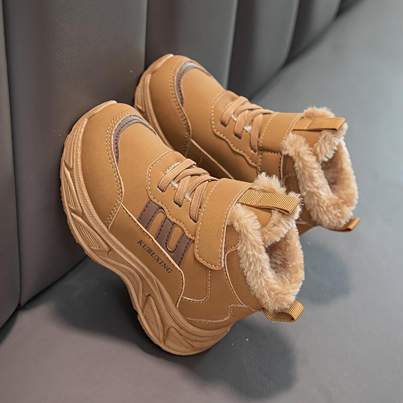Kids Mid Top Casual Sneakers Faux Fur Trim Solid Color Fabric Upper Lining Insole PVC Sole Magic Tape Closure Boys Girls Aged Under