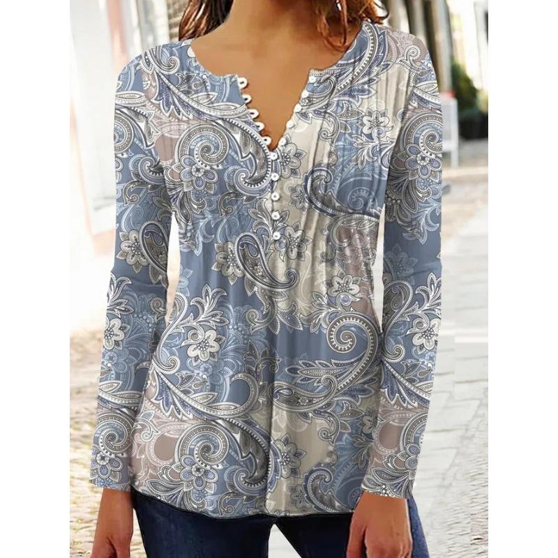 Весенне-летняя женская блузка, модная новая женская футболка с v-образным вырезом и короткими рукавами, плиссированной пуговицами и цветочным принтом
