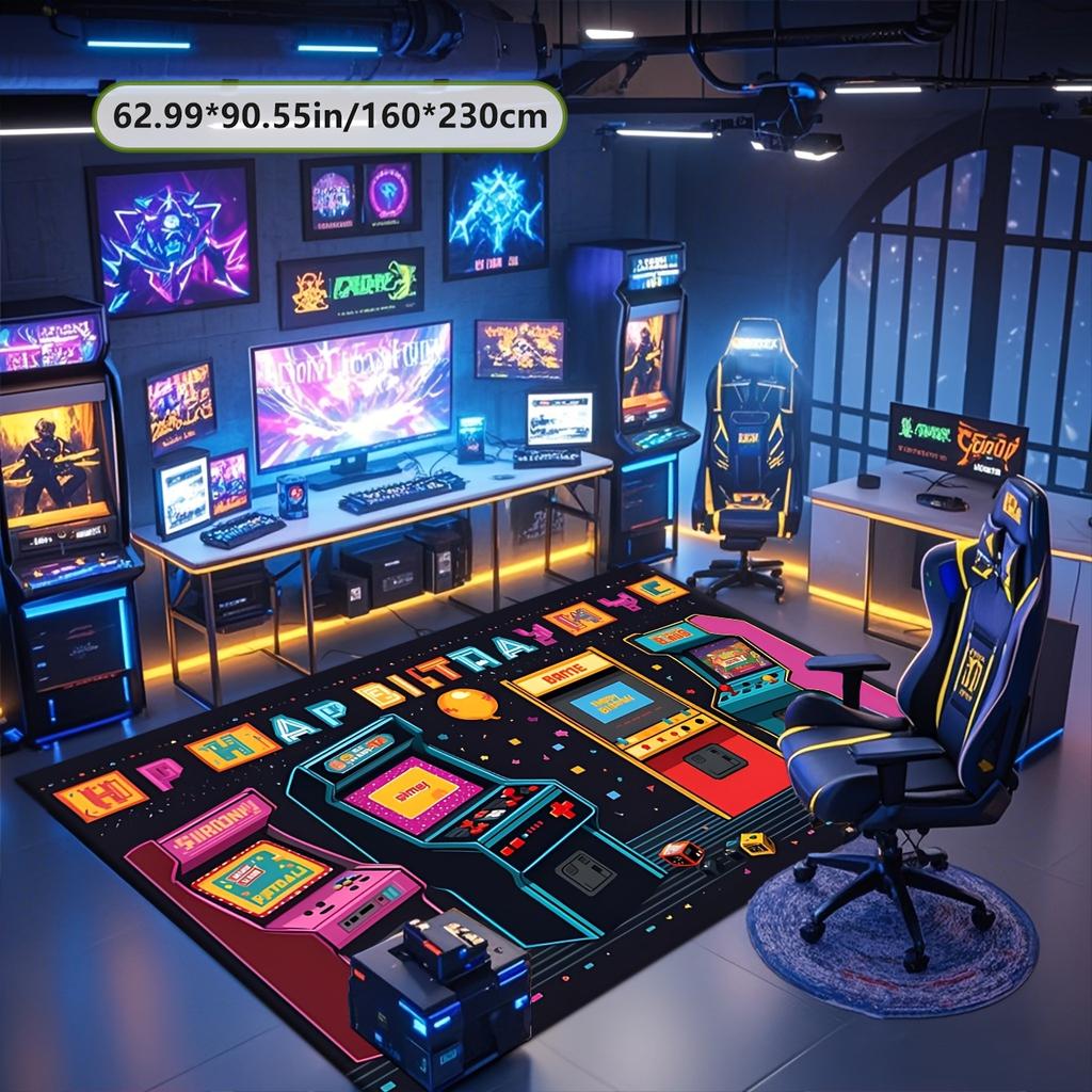 Яркий узор аркадной игры Коврик для зоны Полиэфирное волокно Нескользящая основа Машинная стирка Гостиная Спальня Офис