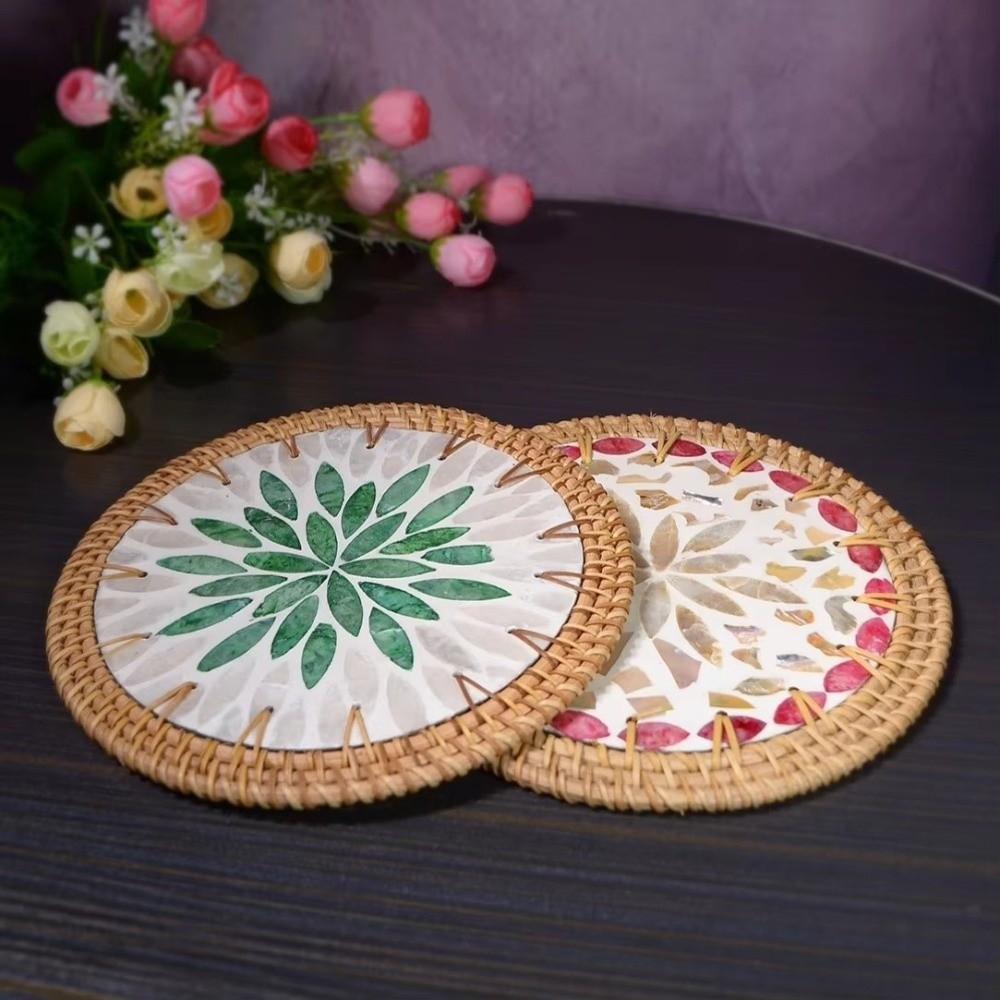 Round Rattan Weaving Coaster Handwoven Tea Cup Mats Tea Ceremony Shell Mats Home Decor