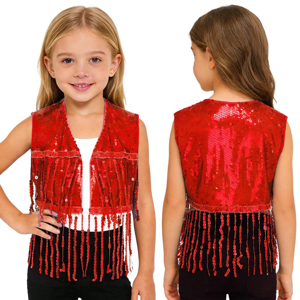 Versatile Girls Dance Waistcoat: Shiny Tassel Sequin Crop Top, Sleeveless Vest for Jazz, Cha-Cha, Halloween & Theme Parties