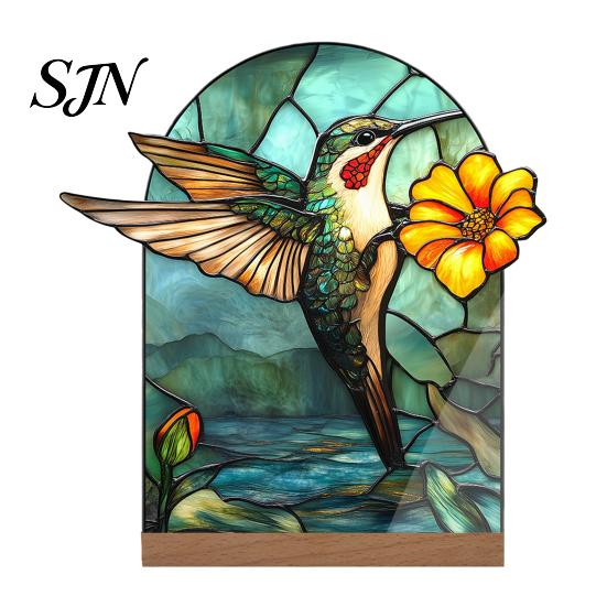 Stable Wooden Base Decoration Stained Glass Style Acrylic Table Centerpieces, Floral & Landscape Pattern Durable Desk Ornament Tabletop Sign with Wood