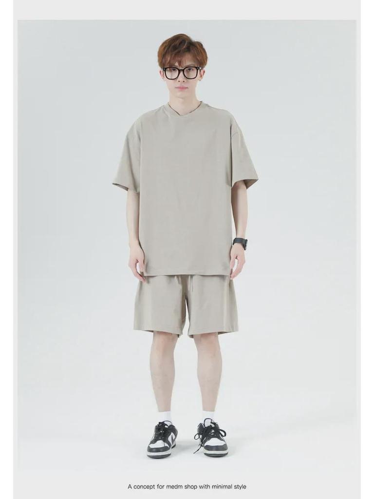 Мужская футболка High Street Trendy из японского плотного хлопка, 275 г, короткие рукава, свободный крой, небольшой воротник, однотонный цвет.