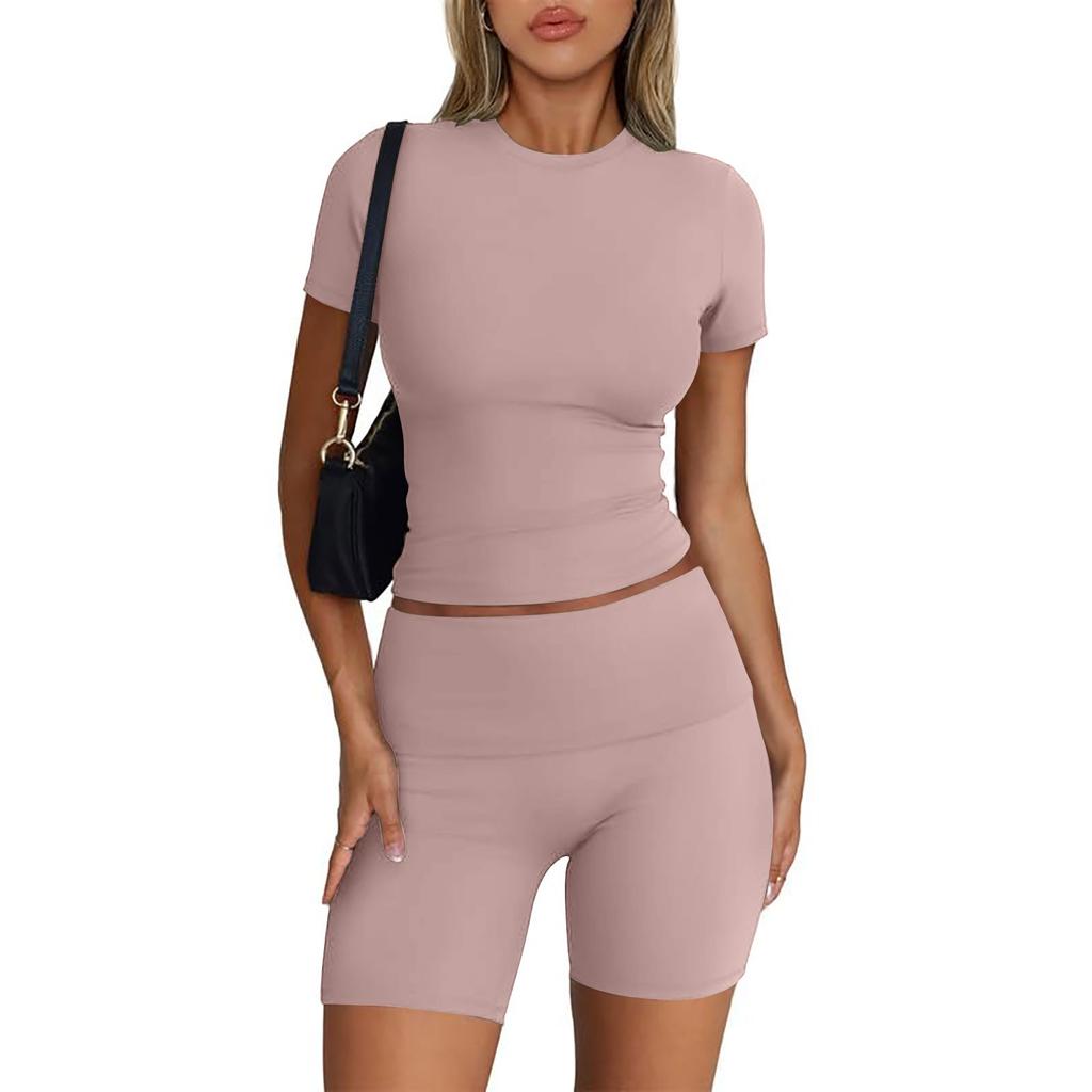Женская мода, однотонный топ с круглым вырезом, облегающий топ с короткими рукавами, шорты, повседневные спортивные комплекты, спортивные костюмы