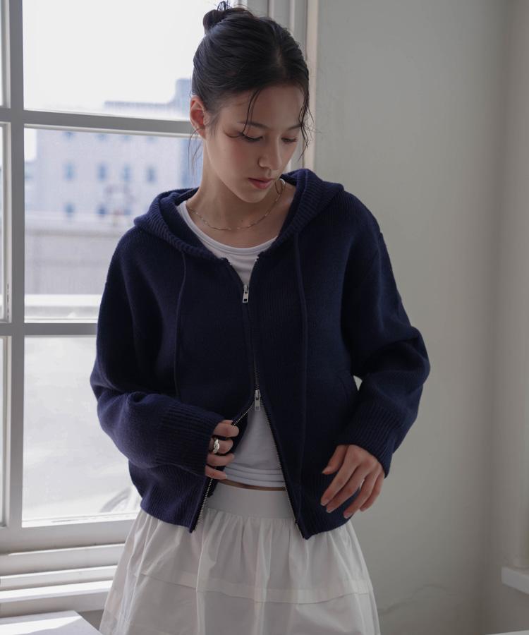 DEHEVE Two-Way Hood Zip-Up Knit [Navy]