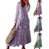 Women Dress Tassel Decor Printed Ruffle A-line Loose Hem Mid Waist Long Sleeve V Neck Soft Ankle Length Bohemian Style Beach Maxi Dress