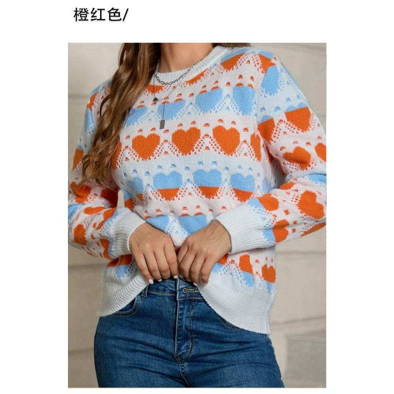 Women S Casual Long Sleeve Crew Neck Heart Jacquard Knit Pullover Sweater