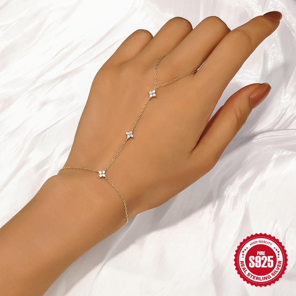 925 Sterling Silver Versatile Hand Jewelry Women'S Ring Chain Four Leaf Flower Mori Bracelet Multi-Layer Stacked Bracelet