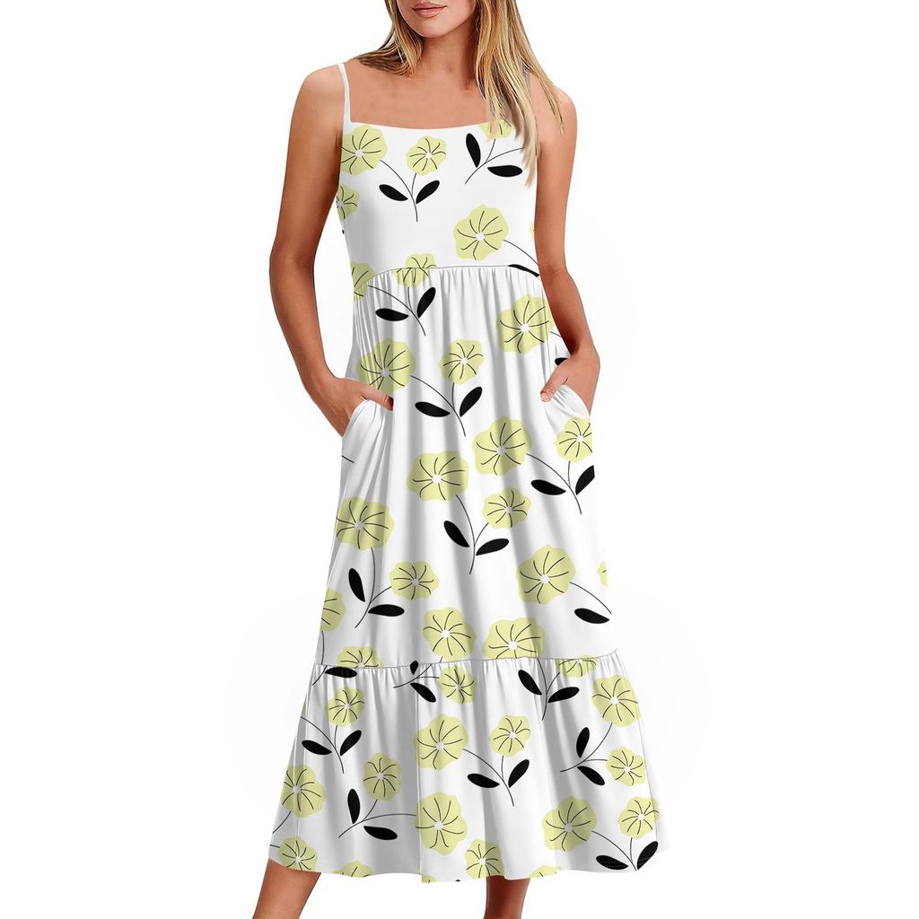 Women's Long Beach Casual Elegant Spaghetti Strap Maxi Dress Floral Low-key Flowing Bohemian Dress