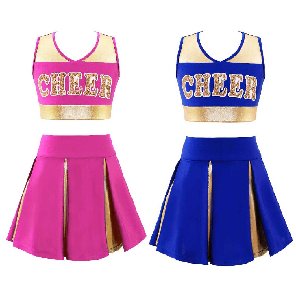 Kids Girls Cheerleading Costume Cheerleader Uniform Sleeveless V Neckline Letter Print Crop Top with Elastic Waistband Skirt