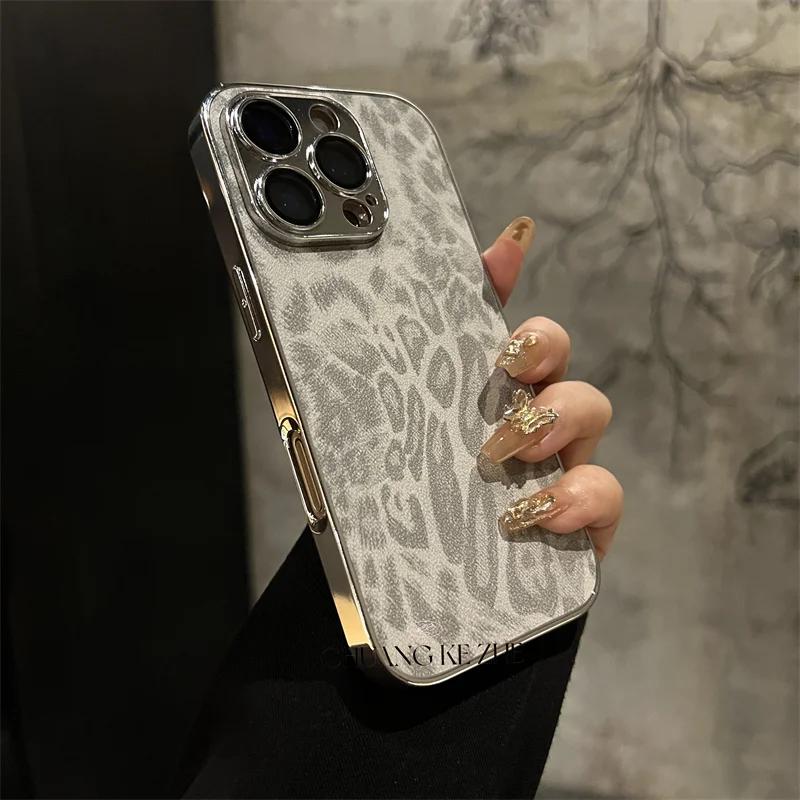 Luxury Plating Leopard Texture Leather Case For 17 16 15 14 Plus 13 12 11 Pro Max Lens Protection Shockproof Cover Capa